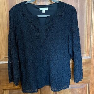 Coldwater Creek Black Lace V Neck Long Sleeve Top Blouse Women's Size L 14 16